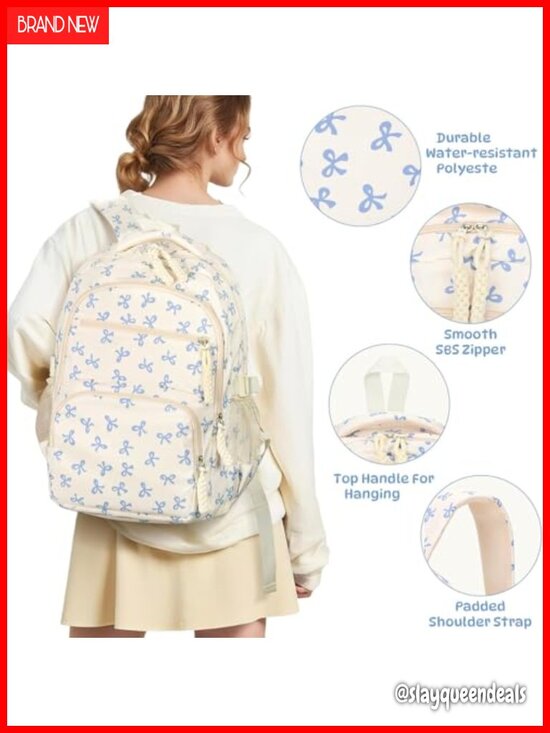 Cute Bow Nylon Backpack for Women Kawaii Aesthetic Schoolbag Rucksack with main image 5